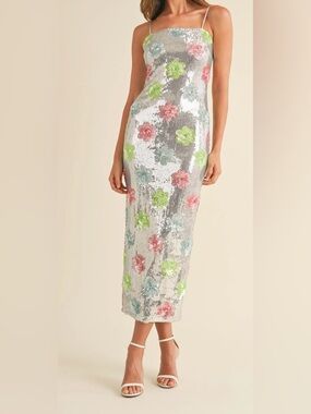 Betsey Johnson Silver Sequin Midi Skirt with Pink, Green, Blue Floral Accents